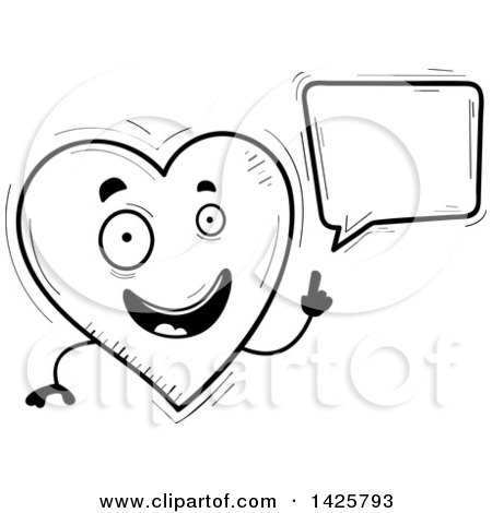 Clipart of a Cartoon Black and White Doodled Talking Heart Character - Royalty Free Vector Illustration by Cory Thoman