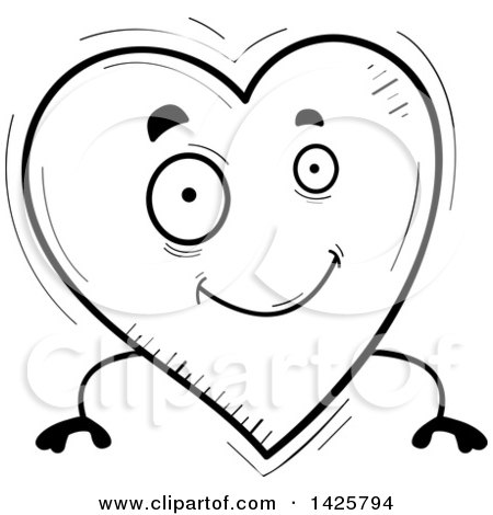 Clipart of a Cartoon Black and White Doodled Heart Character - Royalty Free Vector Illustration by Cory Thoman