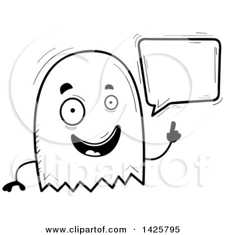 Clipart of a Cartoon Black and White Doodled Talking Ghost - Royalty Free Vector Illustration by Cory Thoman