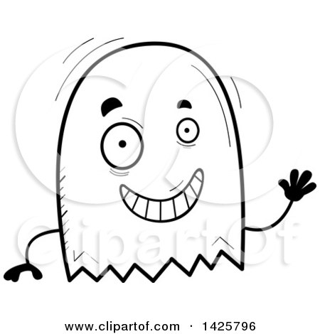 Clipart of a Cartoon Black and White Doodled Waving Ghost - Royalty Free Vector Illustration by Cory Thoman