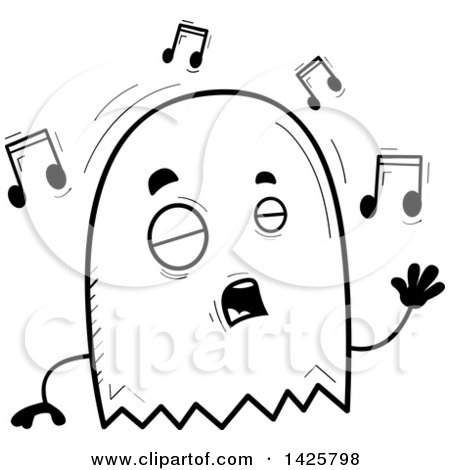 Clipart of a Cartoon Black and White Doodled Singing Ghost - Royalty Free Vector Illustration by Cory Thoman