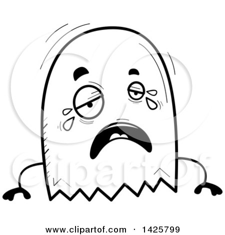 Clipart of a Cartoon Black and White Doodled Crying Ghost - Royalty Free Vector Illustration by Cory Thoman