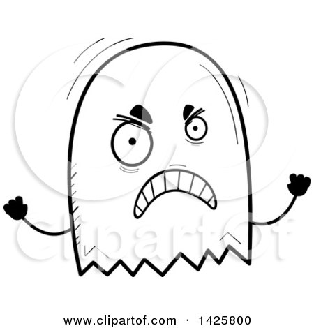 Clipart of a Cartoon Black and White Doodled Mad Ghost - Royalty Free Vector Illustration by Cory Thoman