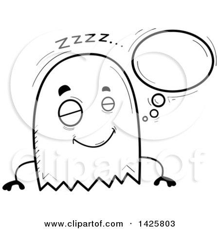 Clipart of a Cartoon Black and White Doodled Dreaming Ghost - Royalty Free Vector Illustration by Cory Thoman