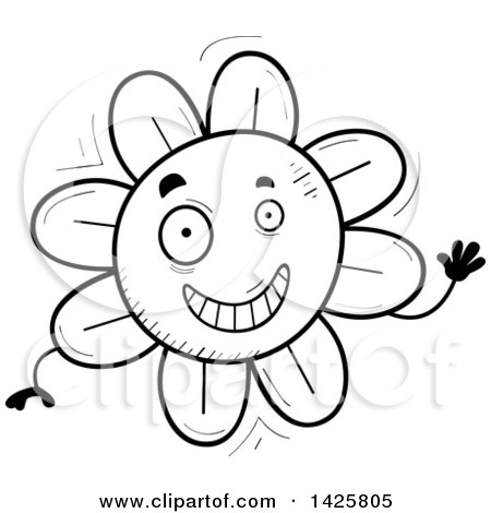 Clipart of a Cartoon Black and White Doodled Waving Flower Character - Royalty Free Vector Illustration by Cory Thoman