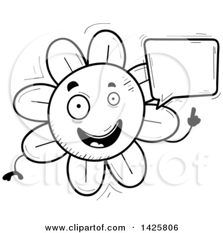 Clipart of a Cartoon Black and White Doodled Talking Flower Character - Royalty Free Vector Illustration by Cory Thoman