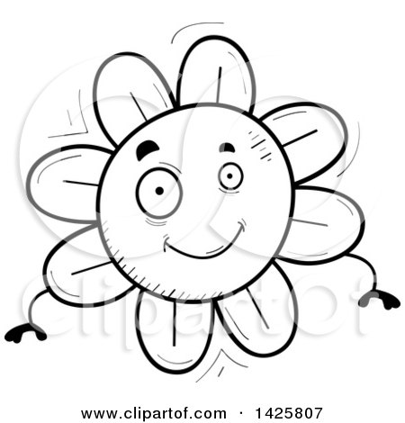 Clipart of a Cartoon Black and White Doodled Flower Character - Royalty Free Vector Illustration by Cory Thoman
