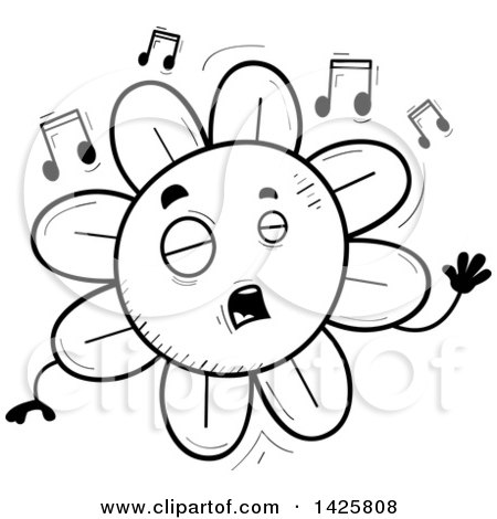 Clipart of a Cartoon Black and White Doodled Singing Flower Character - Royalty Free Vector Illustration by Cory Thoman