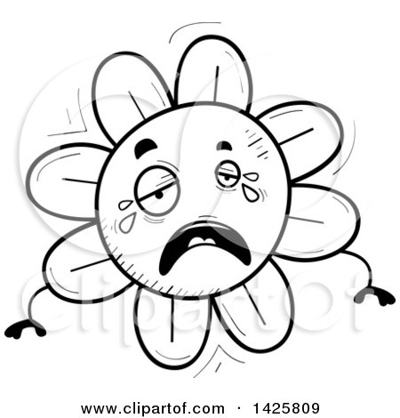 Clipart of a Cartoon Black and White Doodled Crying Flower Character - Royalty Free Vector Illustration by Cory Thoman