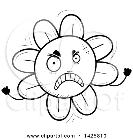 Clipart of a Cartoon Black and White Doodled Mad Flower Character - Royalty Free Vector Illustration by Cory Thoman