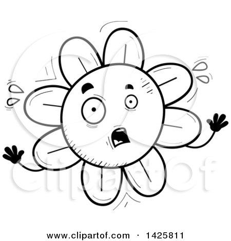 Clipart of a Cartoon Black and White Doodled Scared Flower Character - Royalty Free Vector Illustration by Cory Thoman