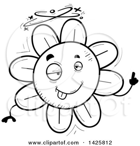 Clipart of a Cartoon Black and White Doodled Drunk Flower Character - Royalty Free Vector Illustration by Cory Thoman