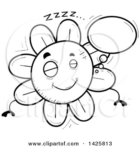 Clipart of a Cartoon Black and White Doodled Dreaming Flower Character - Royalty Free Vector Illustration by Cory Thoman