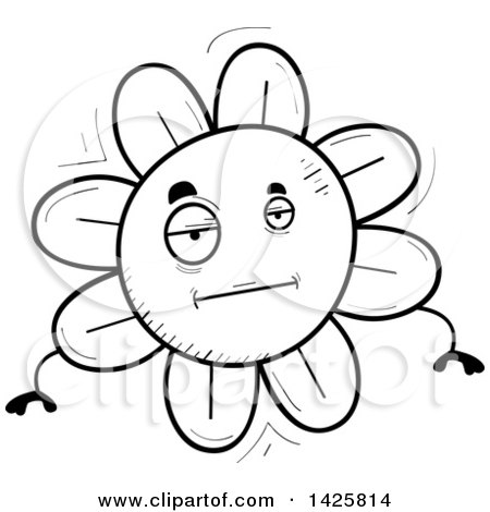 Clipart of a Cartoon Black and White Doodled Bored Flower Character - Royalty Free Vector Illustration by Cory Thoman