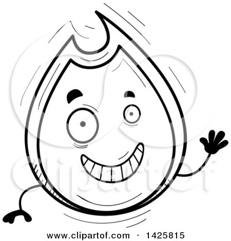 Clipart of a Cartoon Black and White Doodled Waving Flame Character - Royalty Free Vector Illustration by Cory Thoman