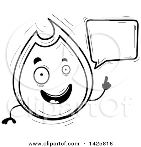 Clipart of a Cartoon Black and White Doodled Talking Flame Character - Royalty Free Vector Illustration by Cory Thoman