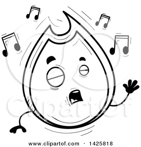 Clipart of a Cartoon Black and White Doodled Singing Flame Character - Royalty Free Vector Illustration by Cory Thoman