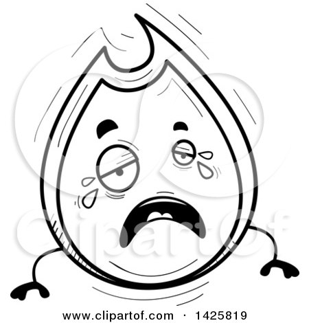 Clipart of a Cartoon Black and White Doodled Crying Flame Character - Royalty Free Vector Illustration by Cory Thoman