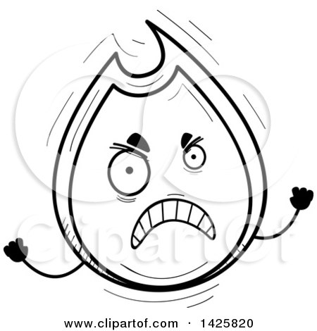 Clipart of a Cartoon Black and White Doodled Mad Flame Character - Royalty Free Vector Illustration by Cory Thoman