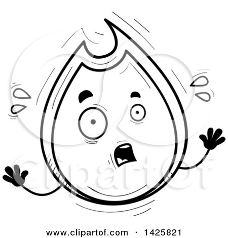 Clipart of a Cartoon Black and White Doodled Scared Flame Character - Royalty Free Vector Illustration by Cory Thoman