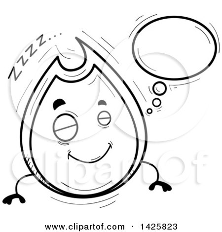 Clipart of a Cartoon Black and White Doodled Dreaming Flame Character - Royalty Free Vector Illustration by Cory Thoman