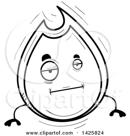 Clipart of a Cartoon Black and White Doodled Bored Flame Character - Royalty Free Vector Illustration by Cory Thoman