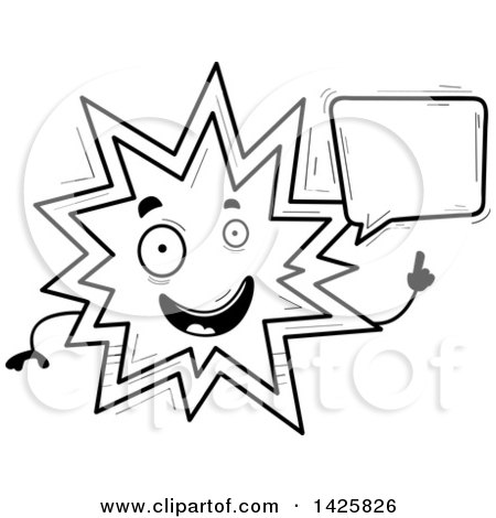 Clipart of a Cartoon Black and White Doodled Talking Explosion Character - Royalty Free Vector Illustration by Cory Thoman