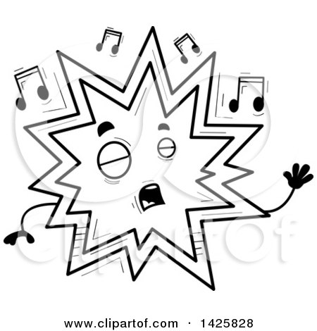 Clipart of a Cartoon Black and White Doodled Singing Explosion Character - Royalty Free Vector Illustration by Cory Thoman