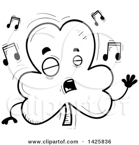 Clipart of a Cartoon Black and White Doodled Singing Shamrock Clover Character - Royalty Free Vector Illustration by Cory Thoman