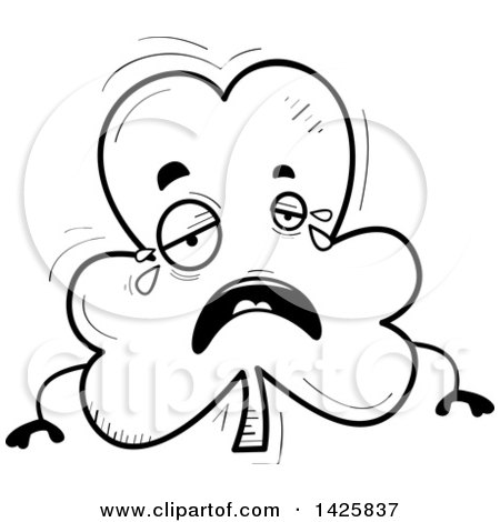 Clipart of a Cartoon Black and White Doodled Crying Shamrock Clover Character - Royalty Free Vector Illustration by Cory Thoman
