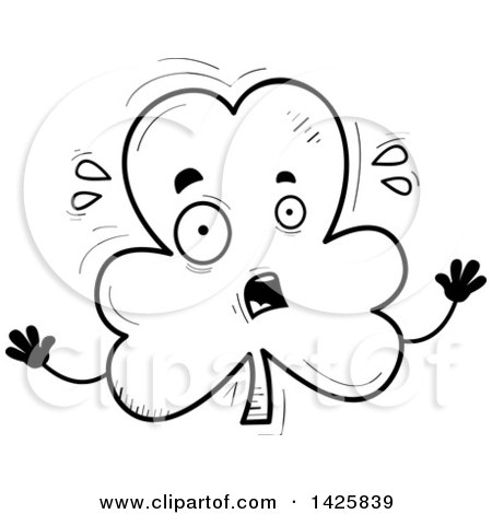 Clipart of a Cartoon Black and White Doodled Scared Shamrock Clover Character - Royalty Free Vector Illustration by Cory Thoman