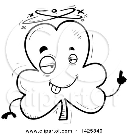Clipart of a Cartoon Black and White Doodled Drunk Shamrock Clover Character - Royalty Free Vector Illustration by Cory Thoman