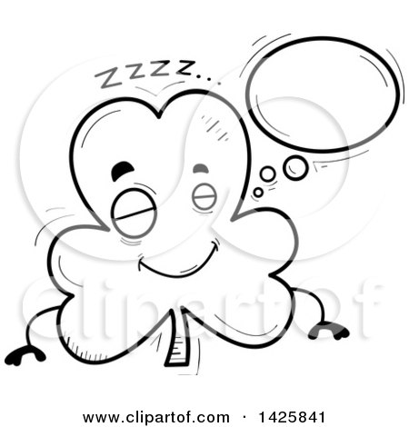 Clipart of a Cartoon Black and White Doodled Dreaming Shamrock Clover Character - Royalty Free Vector Illustration by Cory Thoman