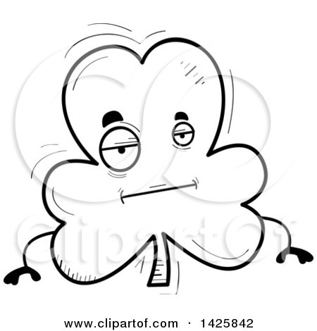Clipart of a Cartoon Black and White Doodled Bored Shamrock Clover Character - Royalty Free Vector Illustration by Cory Thoman