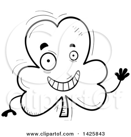 Clipart of a Cartoon Black and White Doodled Waving Shamrock Clover Character - Royalty Free Vector Illustration by Cory Thoman