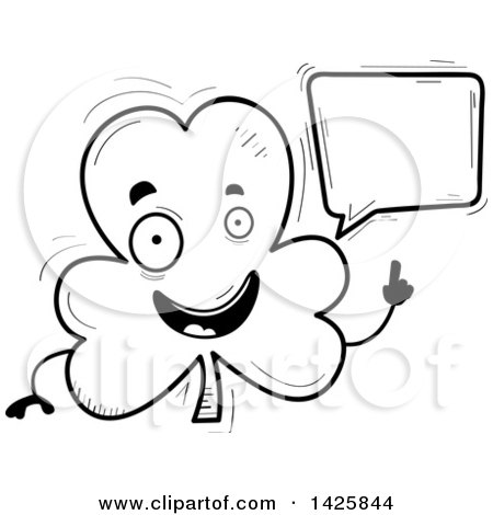 Clipart of a Cartoon Black and White Doodled Talking Shamrock Clover Character - Royalty Free Vector Illustration by Cory Thoman