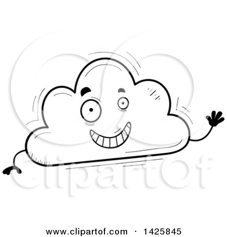 Clipart of a Cartoon Black and White Doodled Waving Cloud Character - Royalty Free Vector Illustration by Cory Thoman