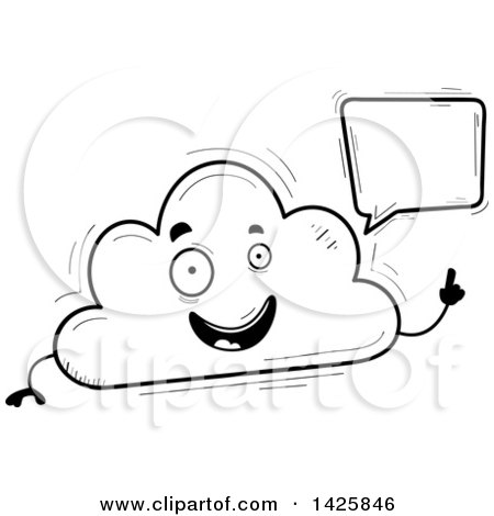 Clipart of a Cartoon Black and White Doodled Talking Cloud Character - Royalty Free Vector Illustration by Cory Thoman