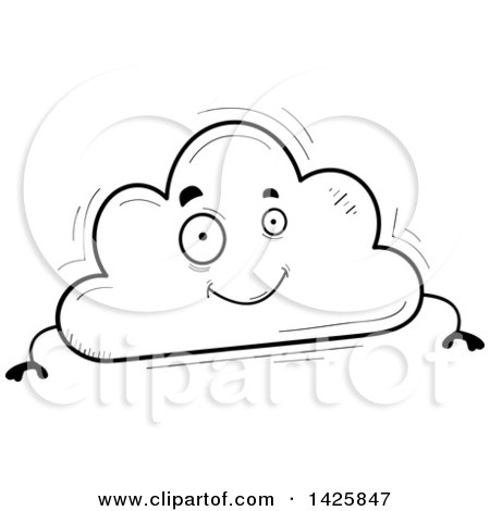 Clipart of a Cartoon Black and White Doodled Cloud Character - Royalty Free Vector Illustration by Cory Thoman