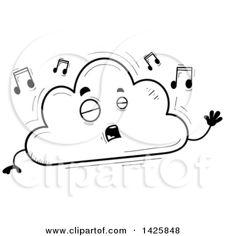 Clipart of a Cartoon Black and White Doodled Singing Cloud Character - Royalty Free Vector Illustration by Cory Thoman