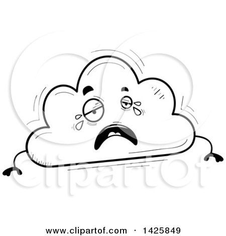Clipart of a Cartoon Black and White Doodled Crying Cloud Character - Royalty Free Vector Illustration by Cory Thoman