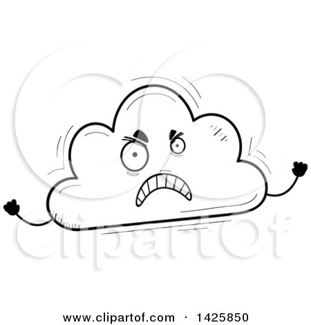 Clipart of a Cartoon Black and White Doodled Mad Cloud Character - Royalty Free Vector Illustration by Cory Thoman