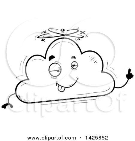 Clipart of a Cartoon Black and White Doodled Drunk Cloud Character - Royalty Free Vector Illustration by Cory Thoman