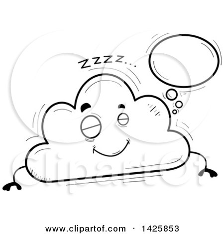 Clipart of a Cartoon Black and White Doodled Dreaming Cloud Character - Royalty Free Vector Illustration by Cory Thoman