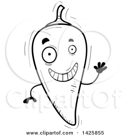 Clipart of a Cartoon Black and White Doodled Waving Hot Chile Pepper Character - Royalty Free Vector Illustration by Cory Thoman