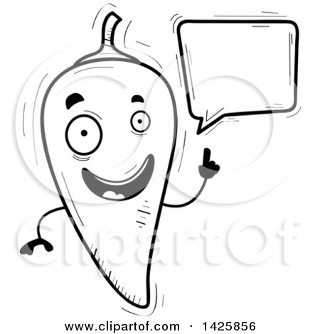 Clipart of a Cartoon Black and White Doodled Talking Hot Chile Pepper Character - Royalty Free Vector Illustration by Cory Thoman