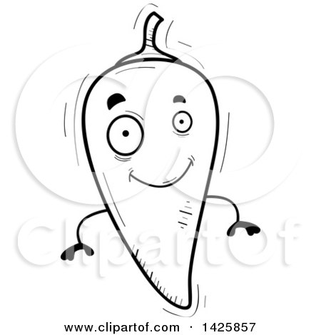 Clipart of a Cartoon Black and White Doodled Hot Chile Pepper Character - Royalty Free Vector Illustration by Cory Thoman