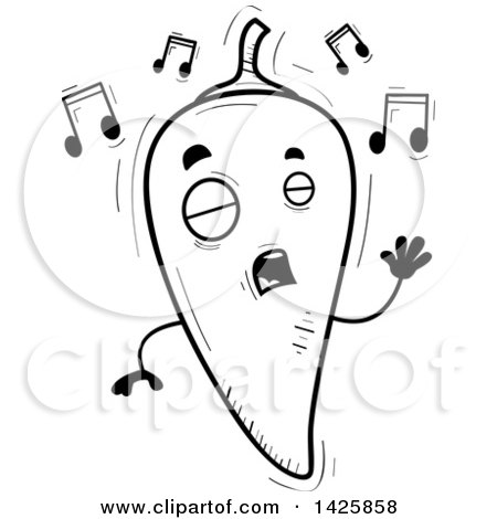 Clipart of a Cartoon Black and White Doodled Singing Hot Chile Pepper Character - Royalty Free Vector Illustration by Cory Thoman