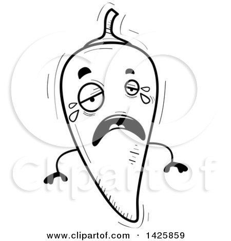 Clipart of a Cartoon Black and White Doodled Crying Hot Chile Pepper Character - Royalty Free Vector Illustration by Cory Thoman