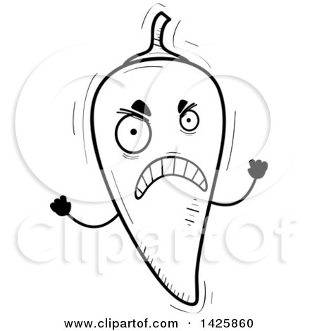 Clipart of a Cartoon Black and White Doodled Mad Hot Chile Pepper Character - Royalty Free Vector Illustration by Cory Thoman